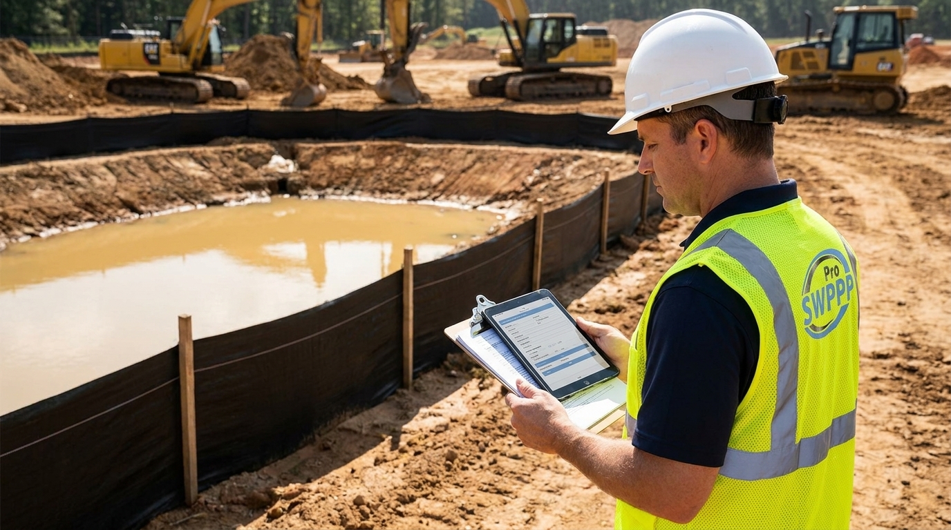 Construction site inspector wearing hard hat and safety vest standing next to installed silt fence and sediment basin, holding clipboard and tablet for SWPPP inspection report documentation