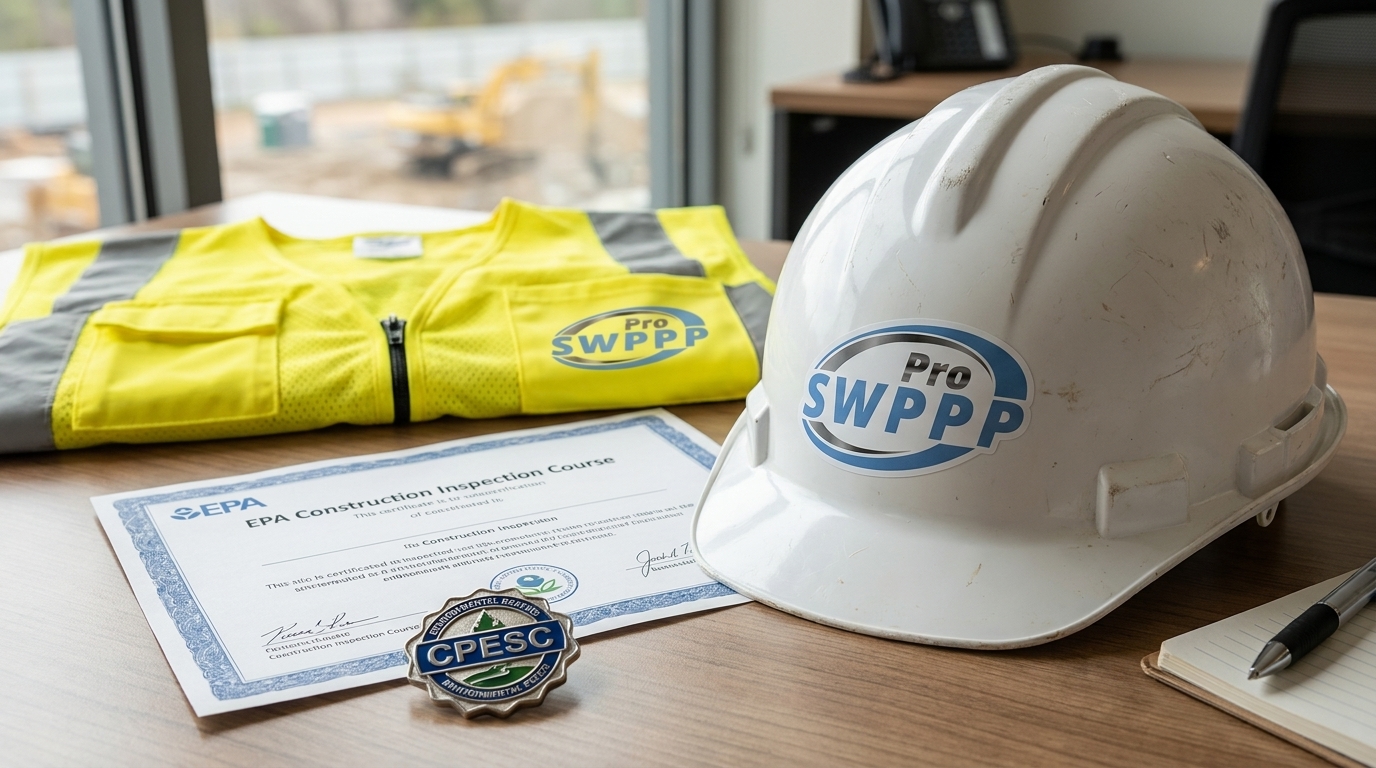 Close-up of CPESC certification badge and EPA Construction Inspection Course certificate displayed next to hardhat, representing qualified inspector credentials required for SWPPP compliance