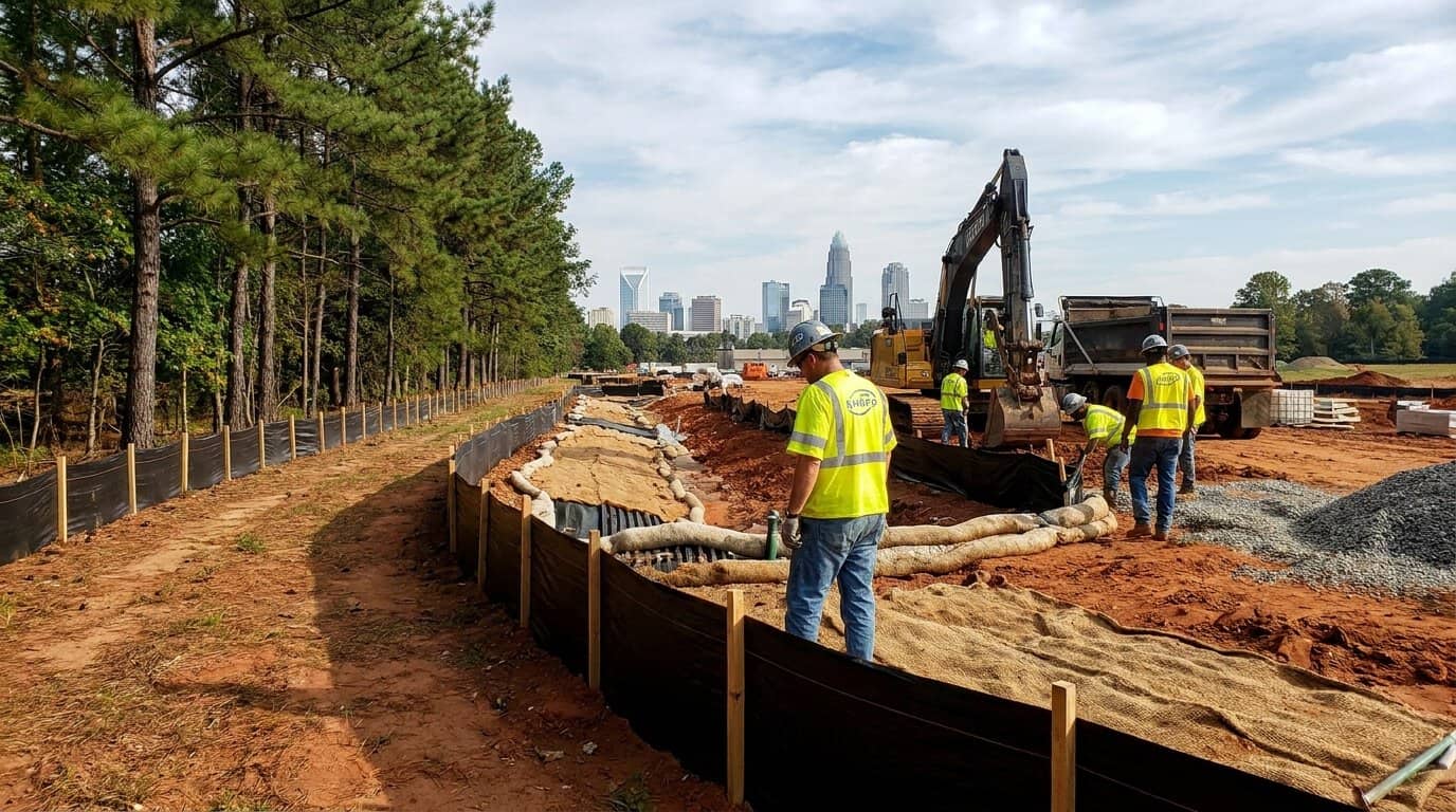 Construction site in Charlotte with perimeter erosion control measures and sediment fencing along the property line