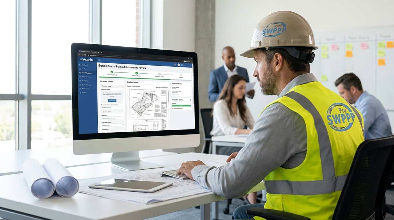 Accela online permit system screen showing an erosion control plan submission and review workflow