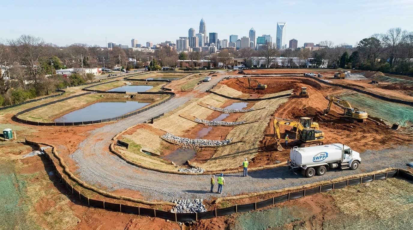 Aerial view of a Charlotte construction site with approved erosion control BMPs marked according to the phasing plan