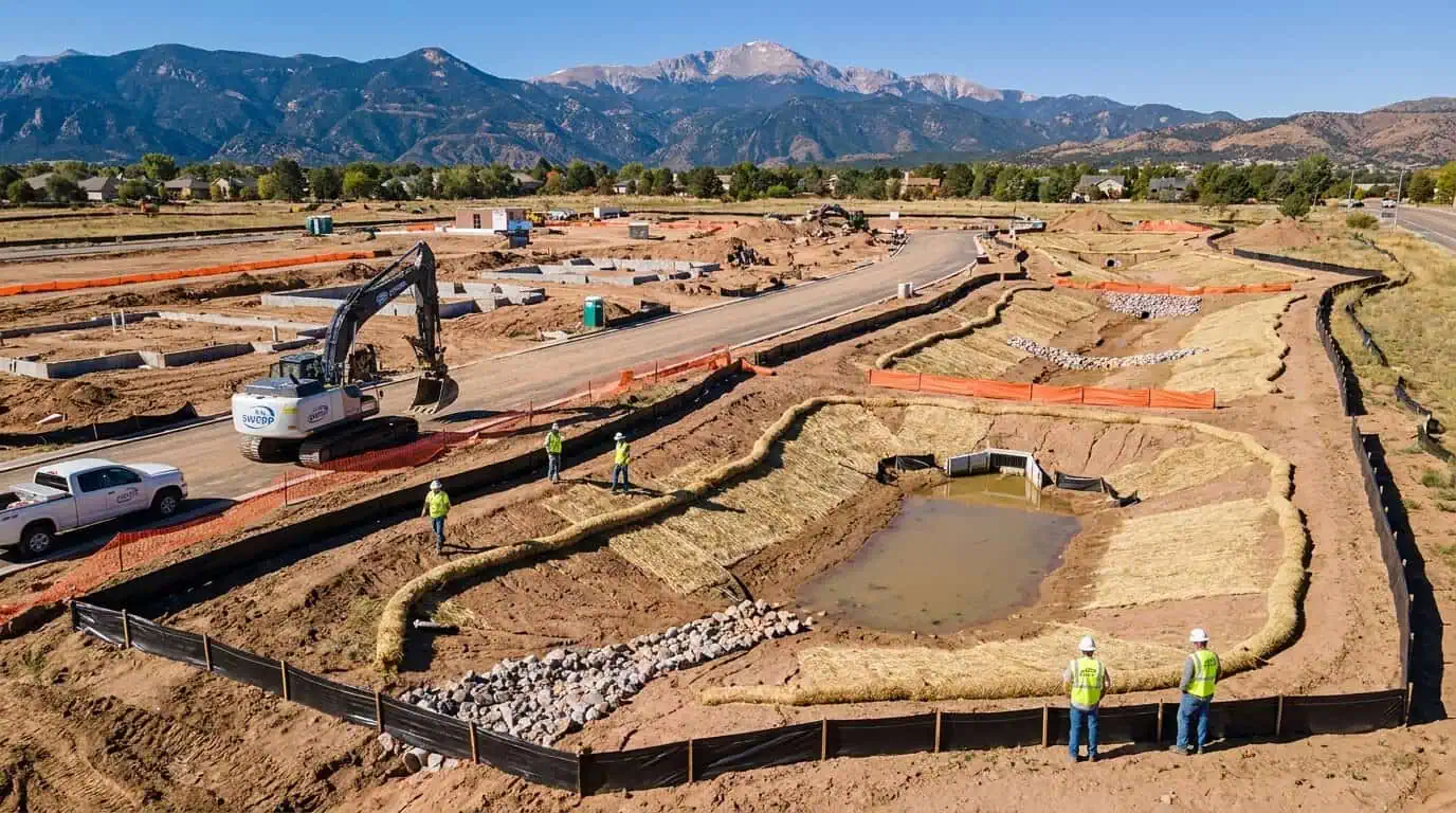 Aerial view of a Colorado Springs construction site with visible erosion control measures and stormwater BMPs in place