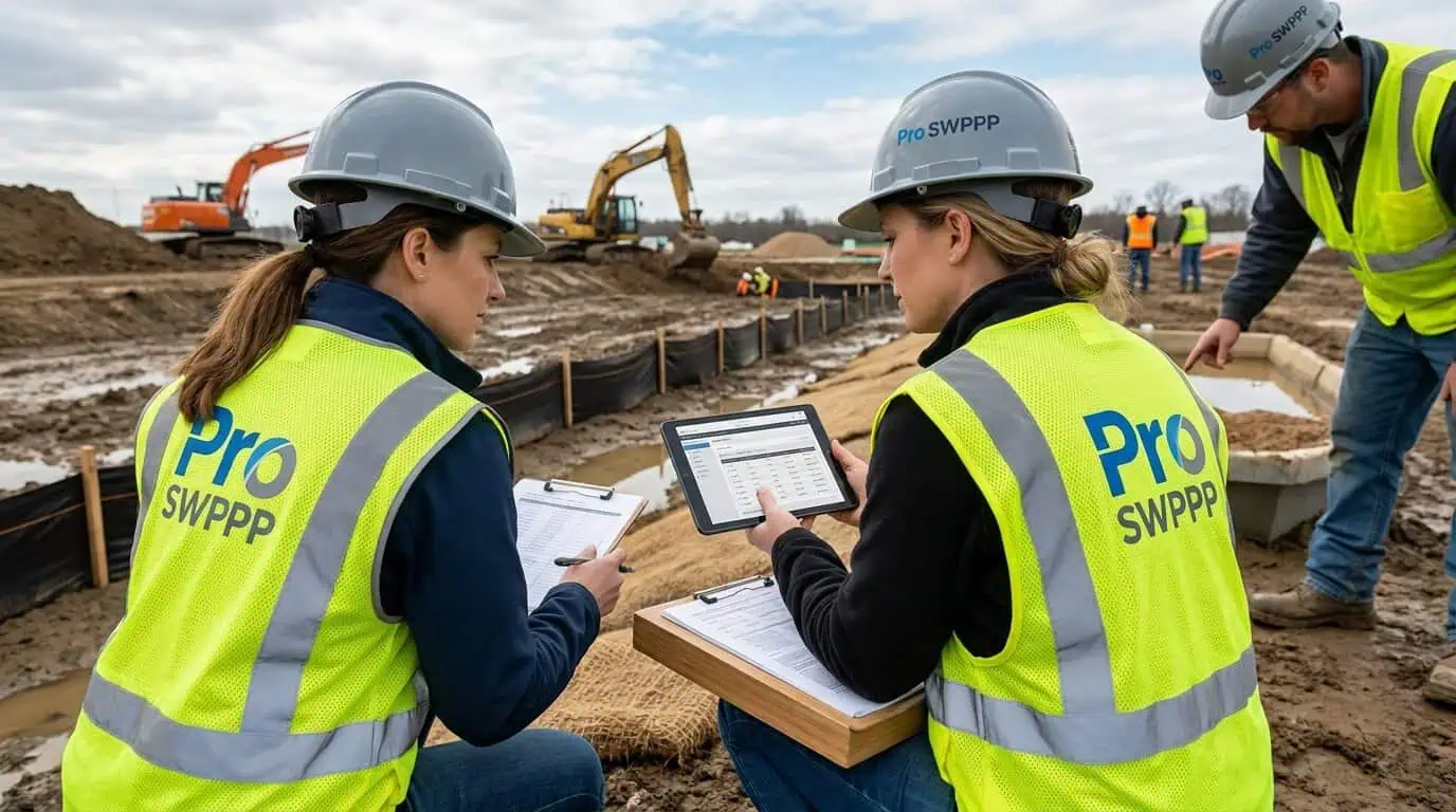 Inspector reviewing construction site stormwater control measures with tablet and clipboard
