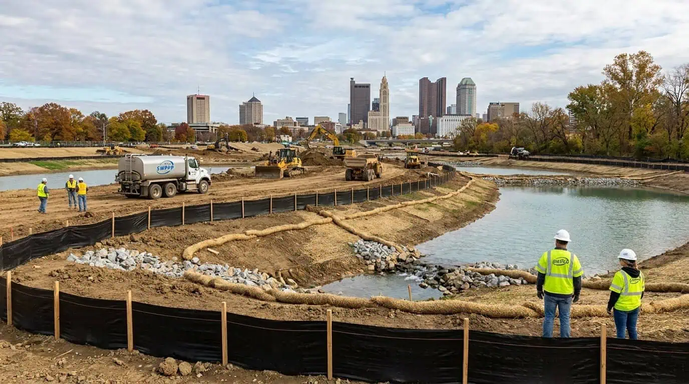 Construction site in Columbus Ohio with erosion control measures and BMPs along the site perimeter