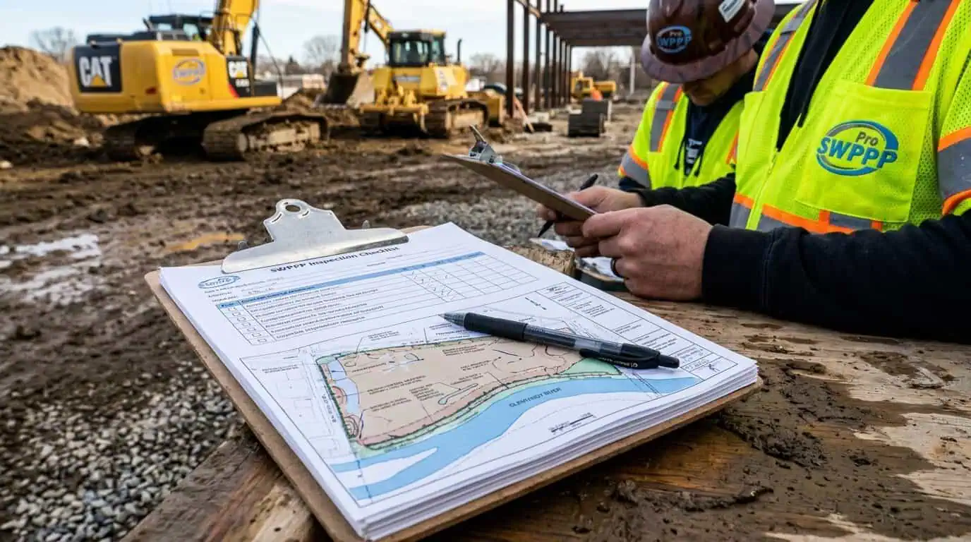 SWP3 inspection checklist and site map on a clipboard at a Columbus construction site
