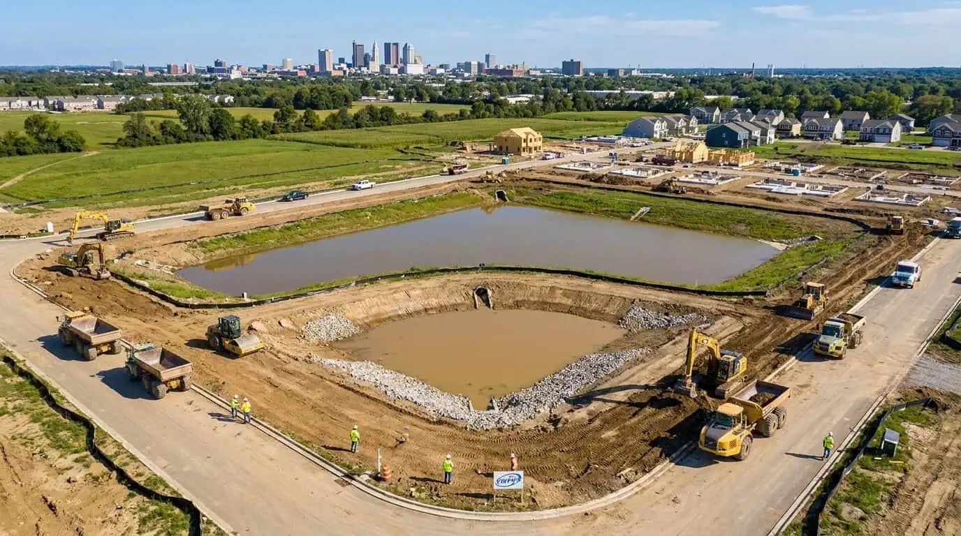 Aerial view of a Columbus Ohio development with a stormwater detention pond and sediment settling basin