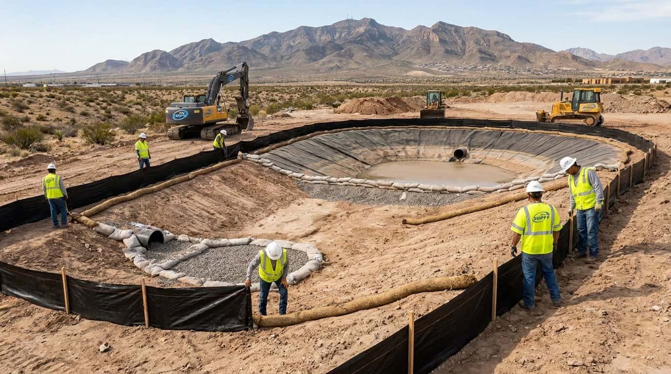 Construction site in El Paso with stormwater controls and erosion barriers in place