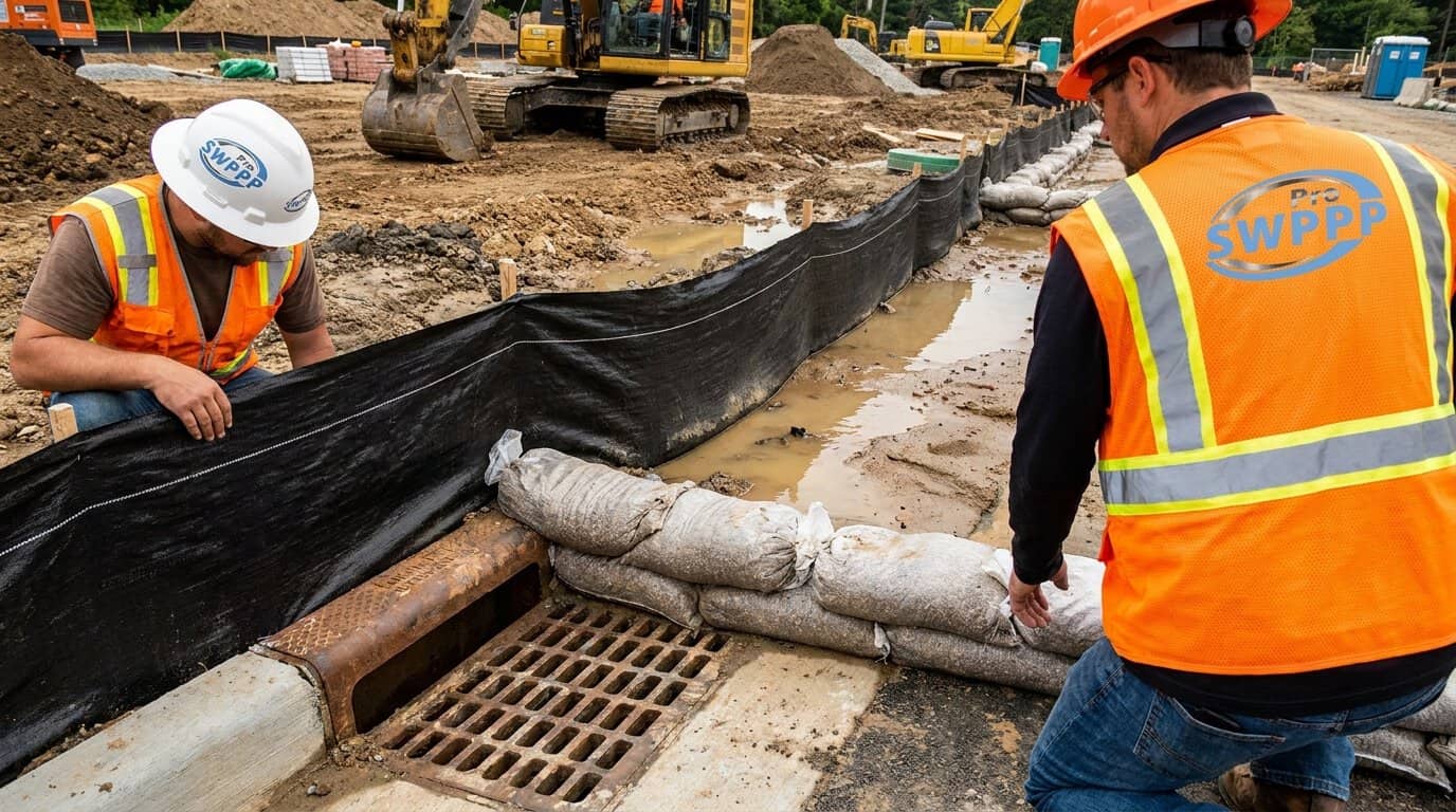 Close-up of sediment fence and silt barriers protecting a storm drain during construction