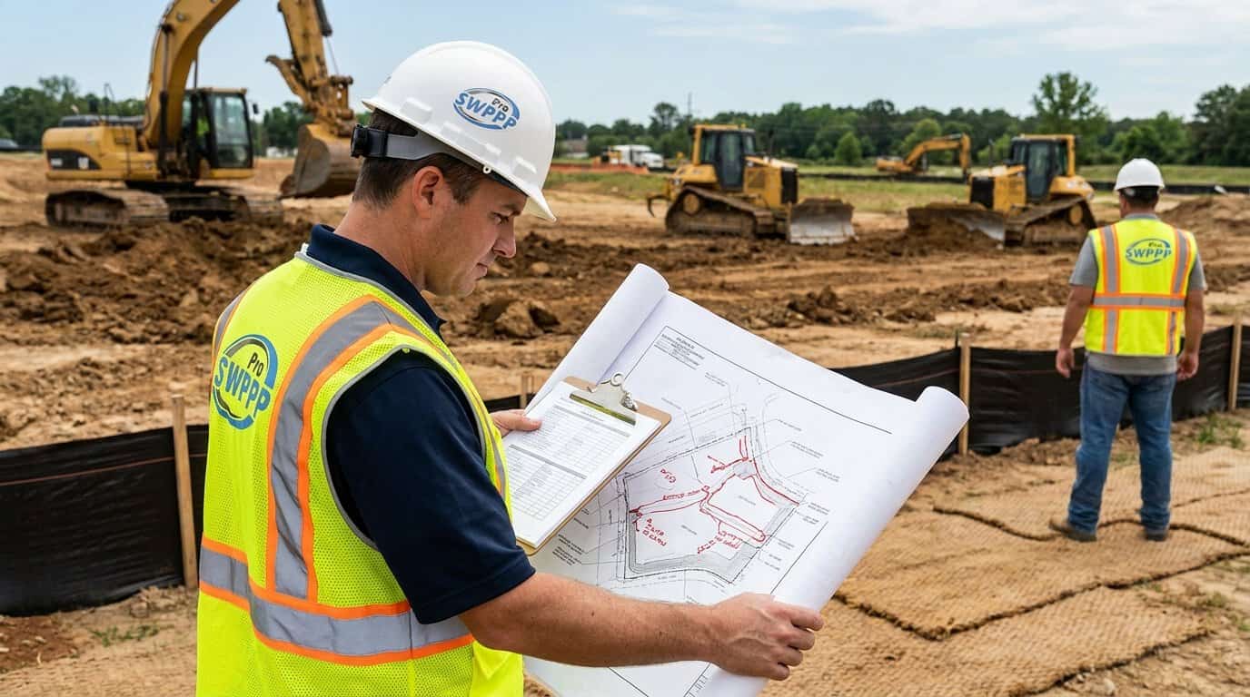 Inspector reviewing SWP3 documentation at a construction site with clipboard and site map