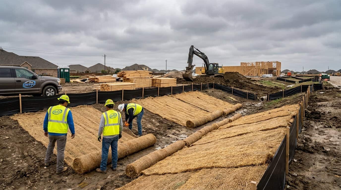 Fort Worth construction site with erosion control blankets and silt fences visible under cloudy Texas sky