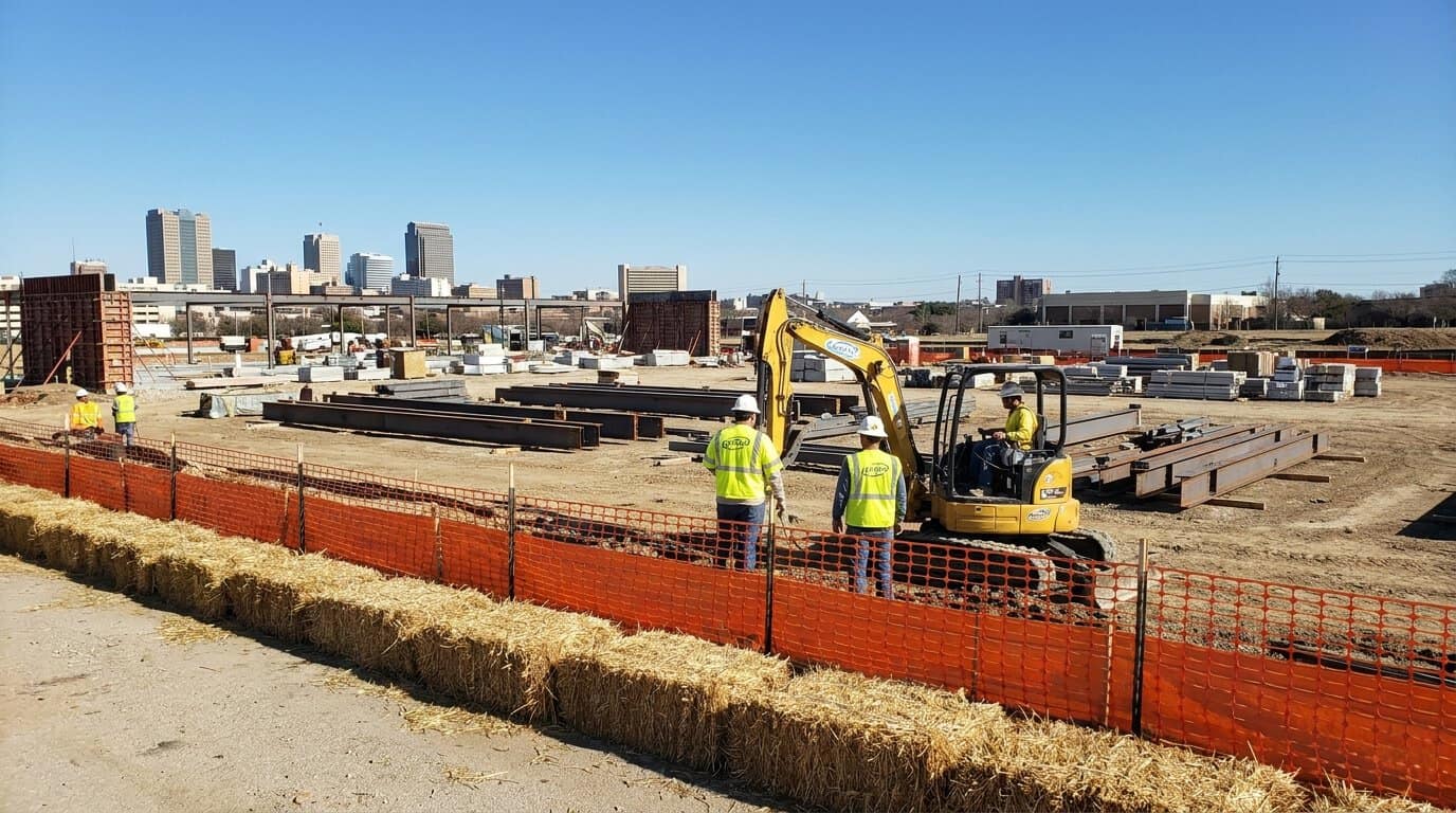 Wide shot of Fort Worth commercial development site with BMPs including straw bales and orange construction fencing