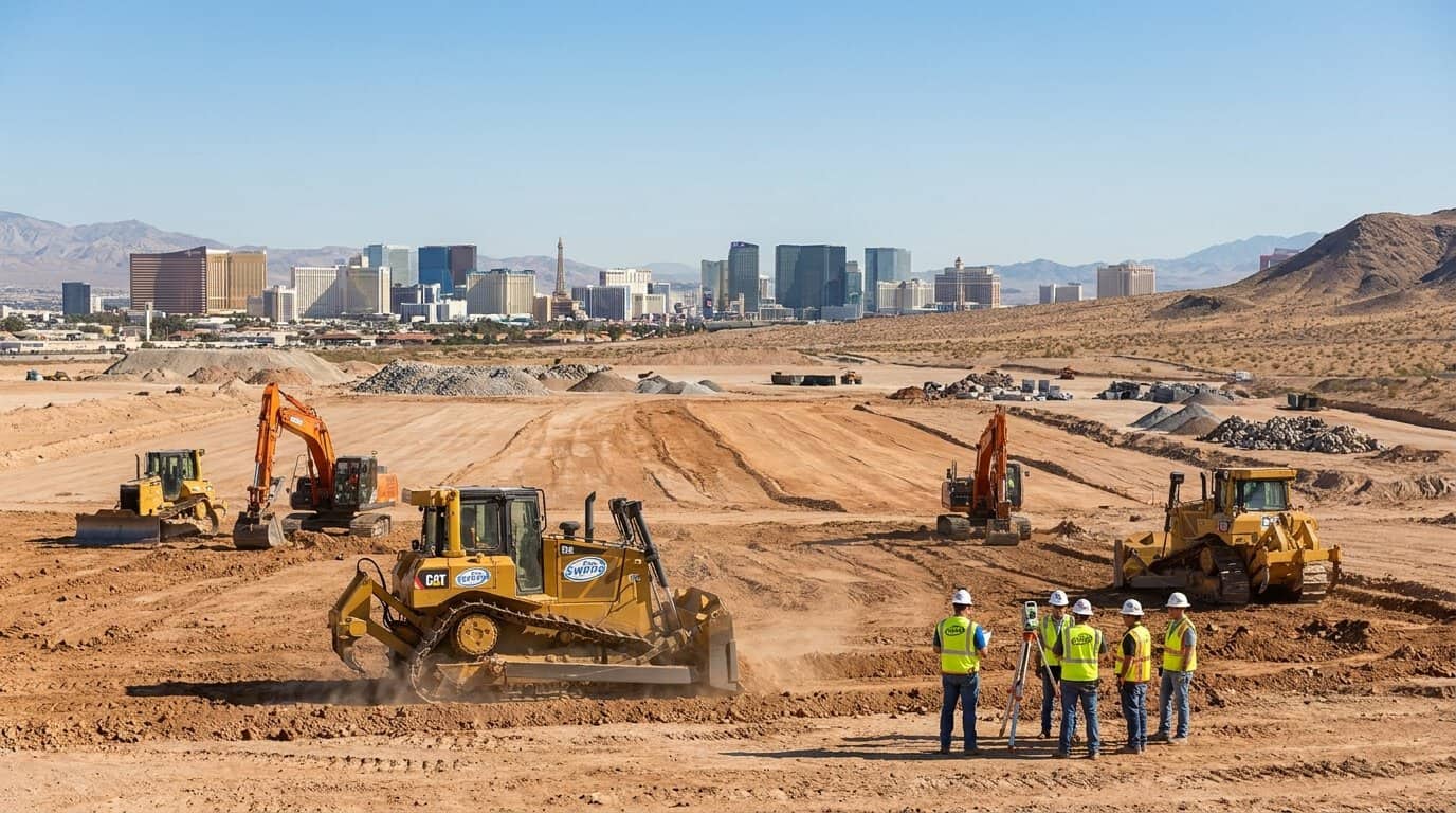 Construction site in Las Vegas desert showing grading equipment and exposed soil with distant city skyline