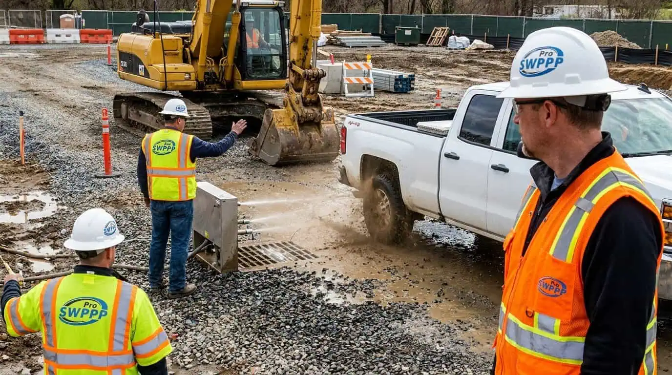 Close-up photo of construction site entrance with stabilized gravel pad and tire wash station