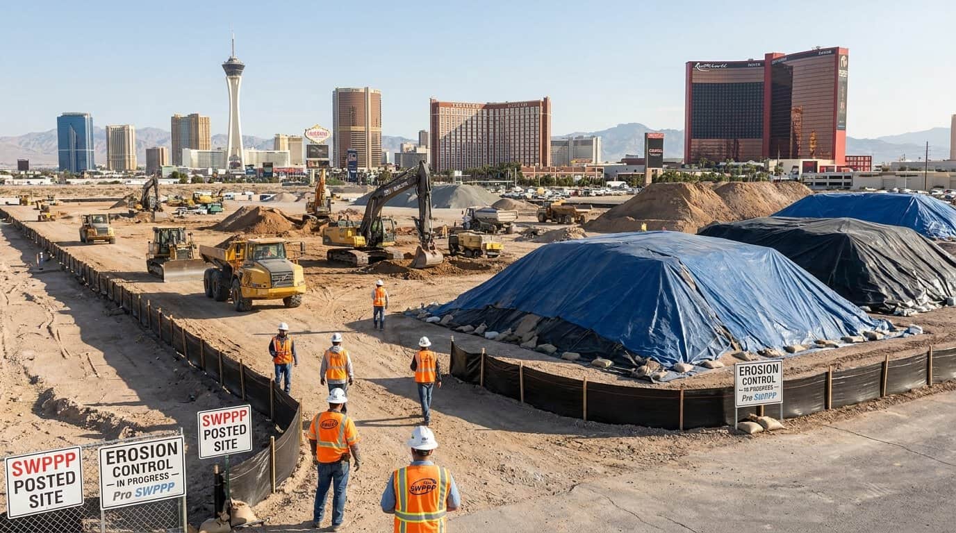 Wide shot of active Las Vegas construction site with visible silt fencing, covered stockpiles, and posted SWPPP signage