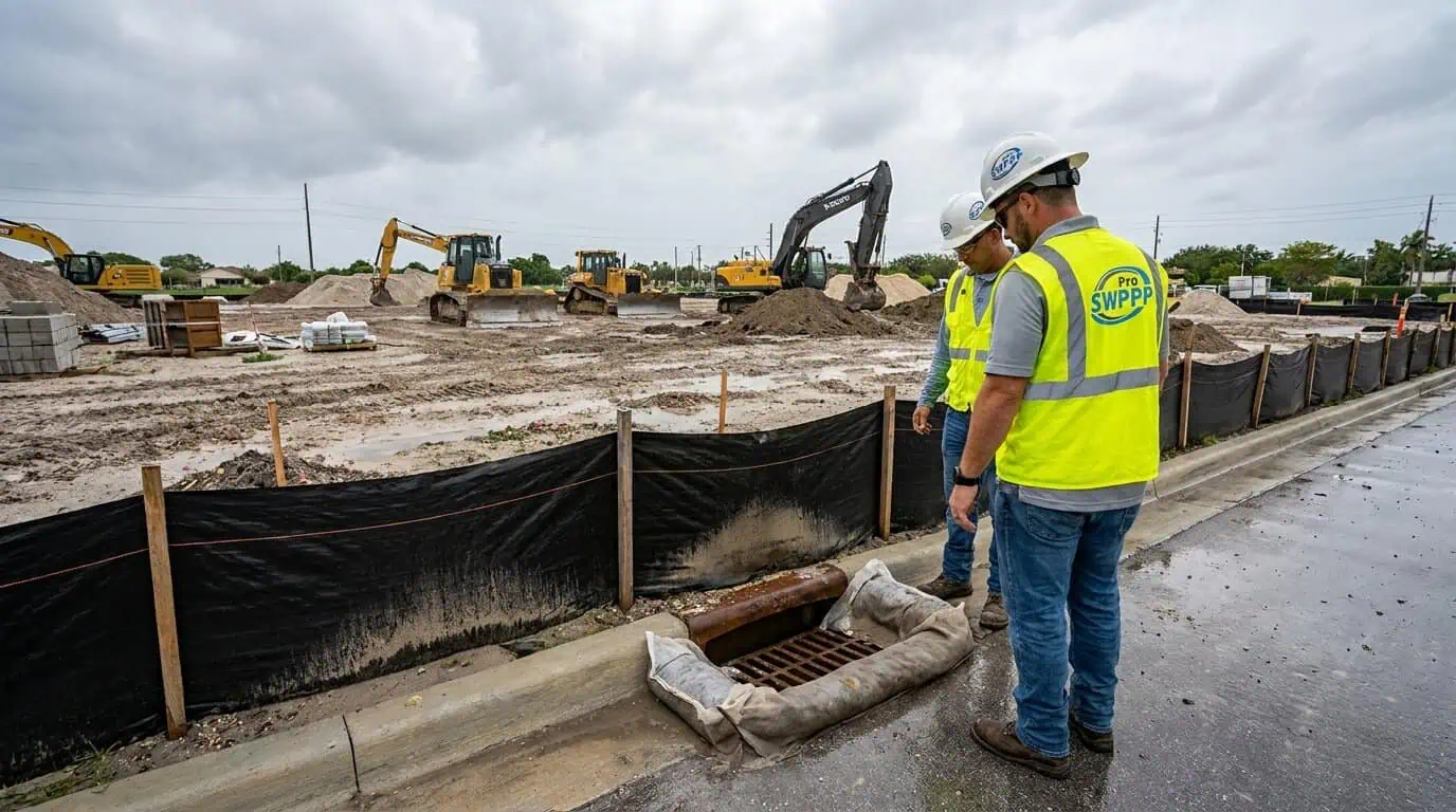 Construction site with perimeter silt fence and inlet protection under cloudy South Florida sky