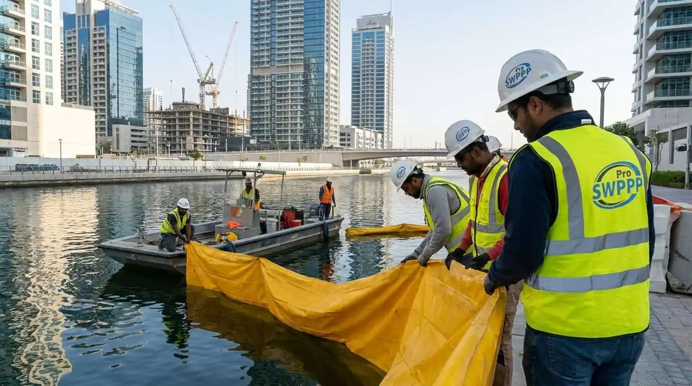 Contractor installing turbidity curtain along canal edge with high-rise buildings in background