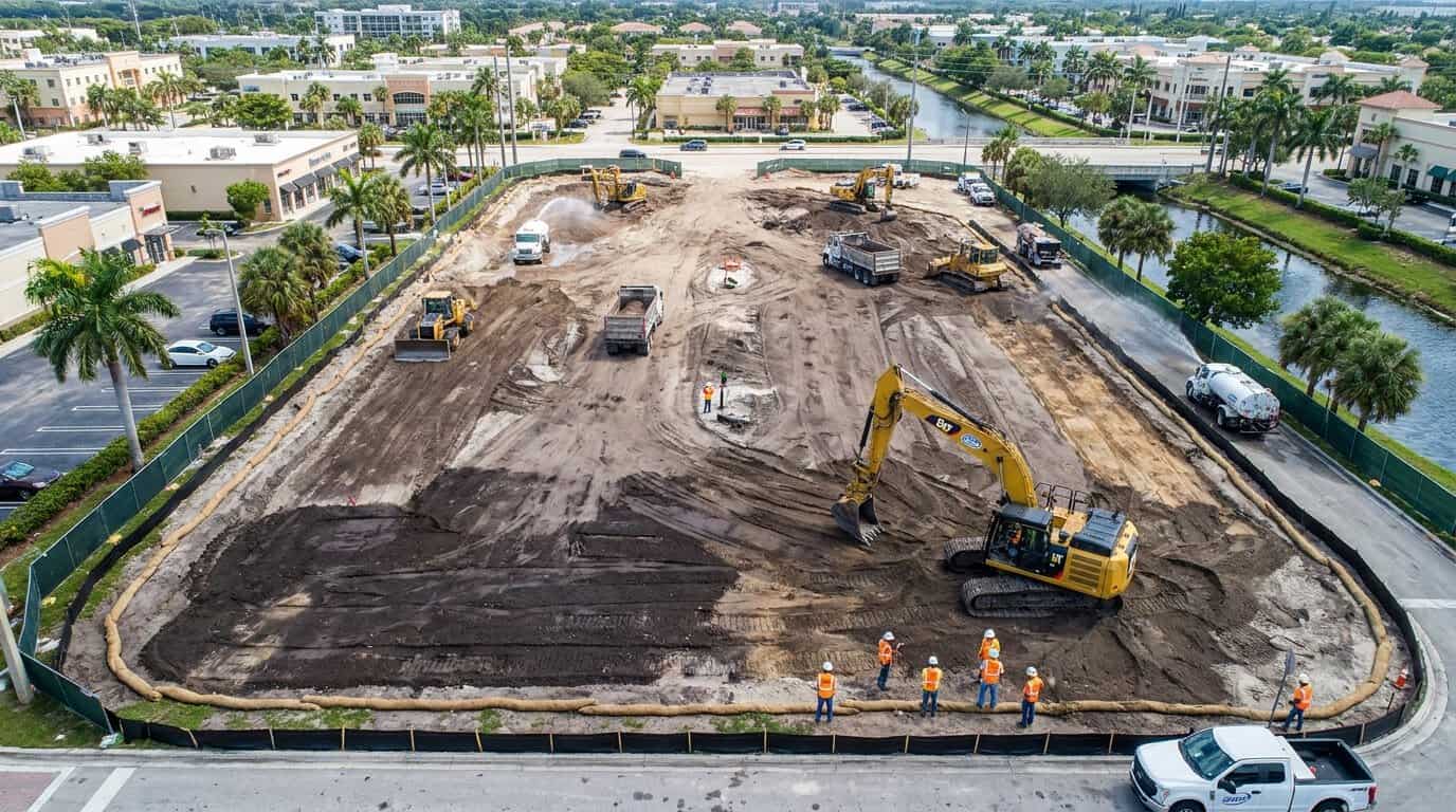 Aerial view of urban redevelopment site in Broward County with stabilized perimeter and active grading