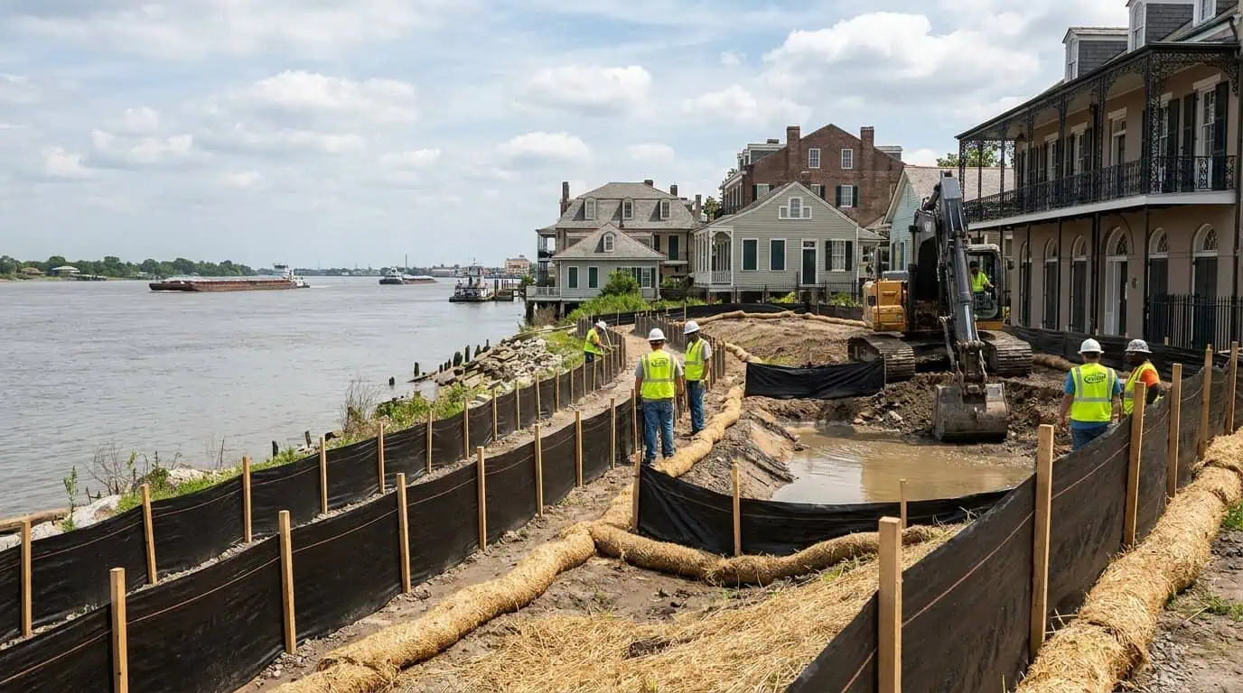 New Orleans construction site with erosion control measures and silt fencing along waterfront