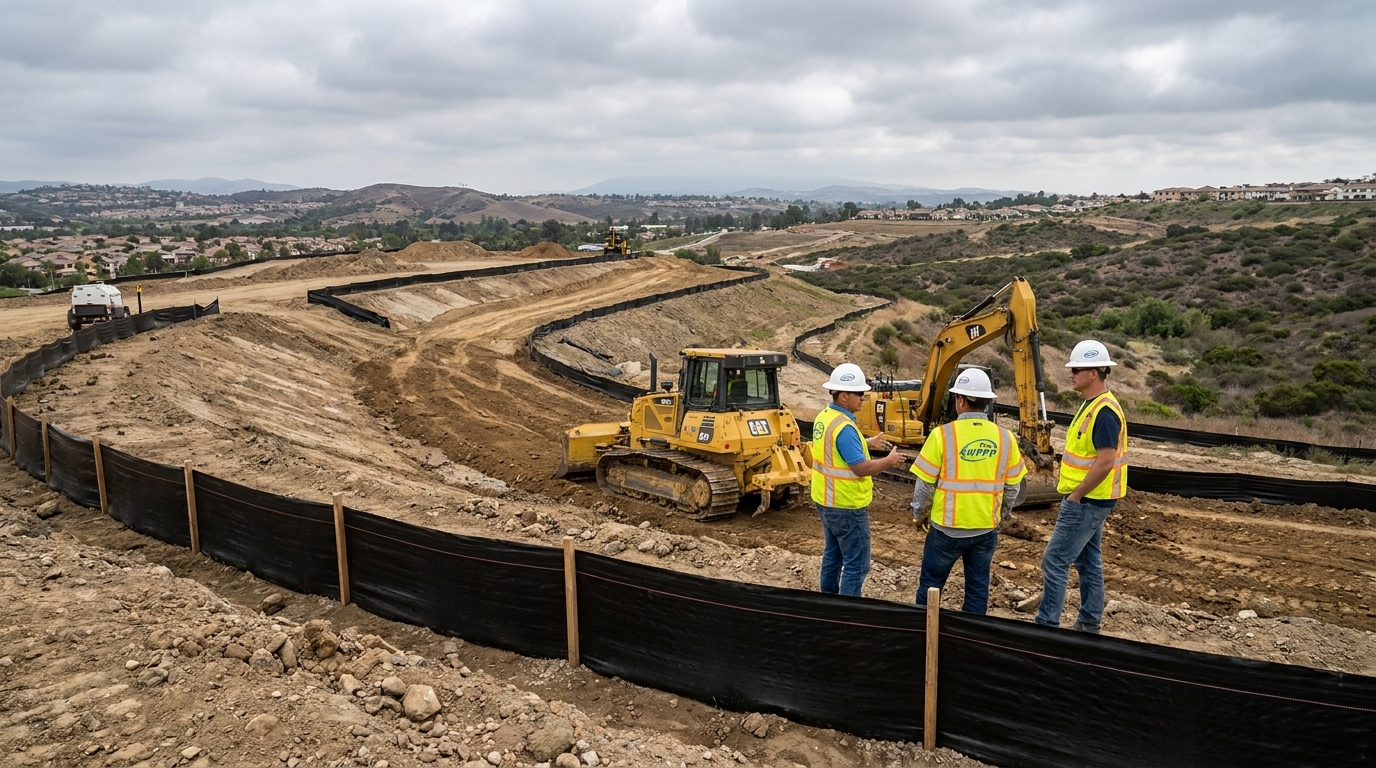 Construction site in Orange County with silt fencing and grading equipment under cloudy skies