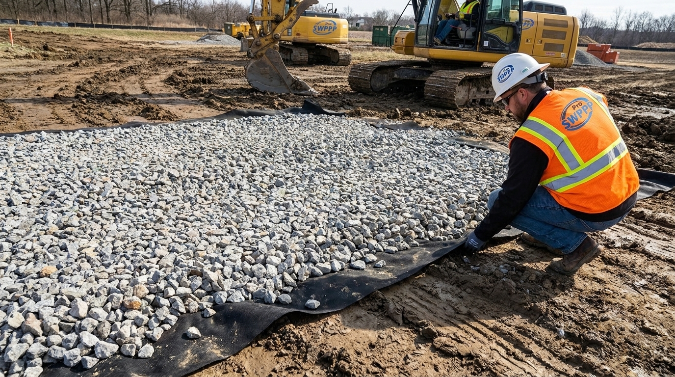 Close-up of a stabilized construction entrance with rock and geotextile fabric preventing mud track-out