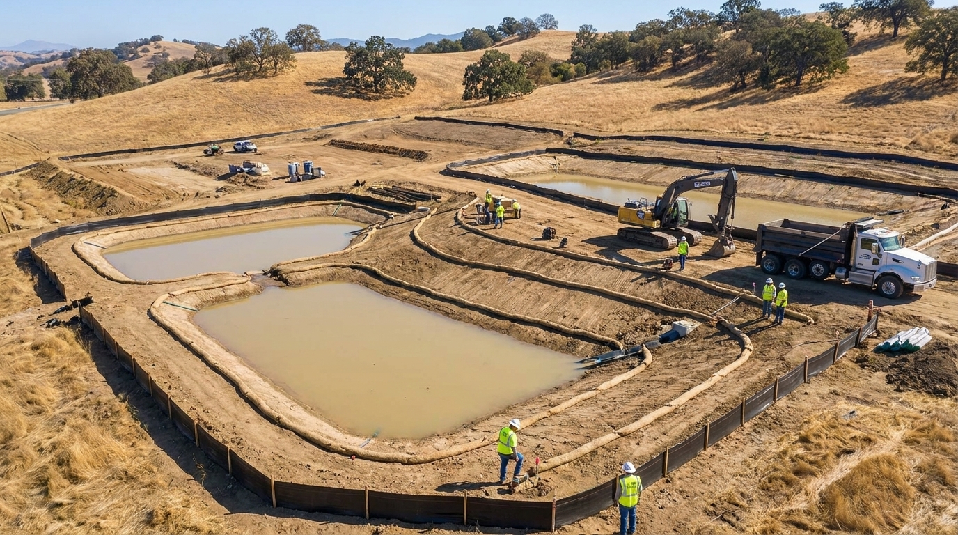 Aerial view of an Orange County construction site with installed BMPs including sediment basins and perimeter controls