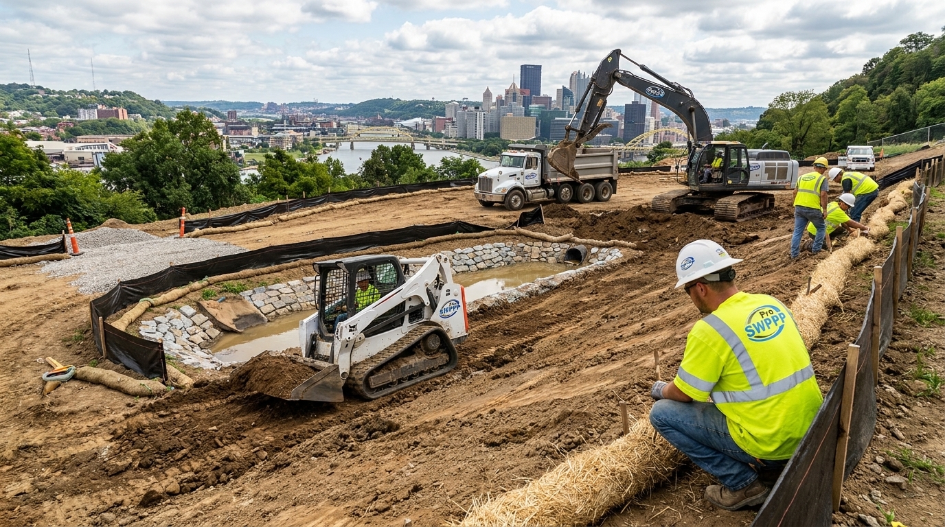 Pittsburgh construction site with silt fence and erosion control BMPs under a Chapter 102 E&S Plan during active earth disturbance