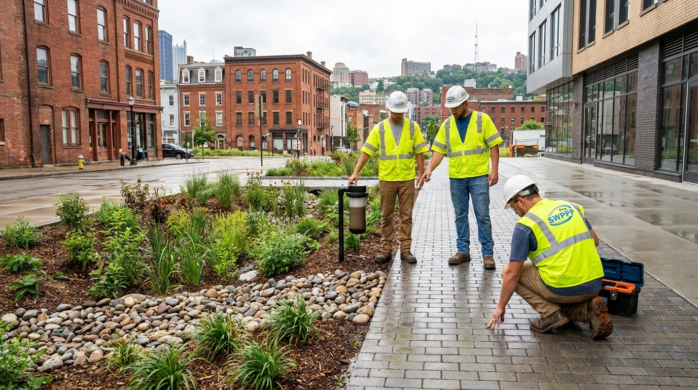 Pittsburgh PCSM Plan BMPs in place after construction: rain garden and permeable pavement providing volume control and water quality treatment