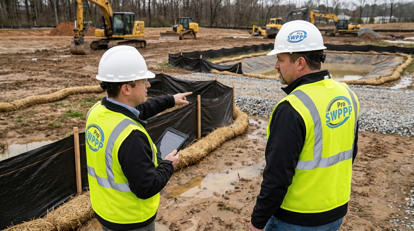 Qualified site inspector documenting erosion and sediment control BMPs during a PAG-02 weekly visual site inspection in Allegheny County