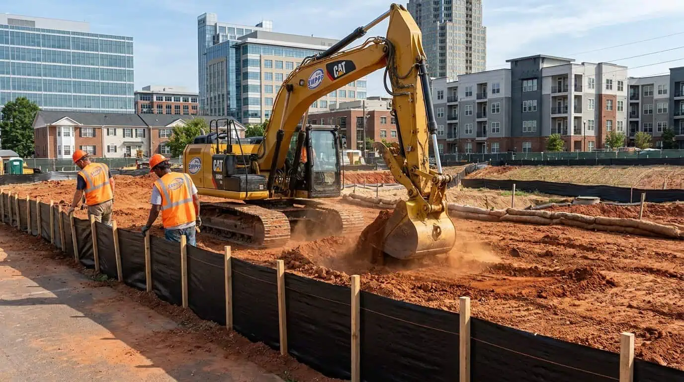 Construction site in Raleigh with silt fence along the perimeter and excavation equipment on the pad
