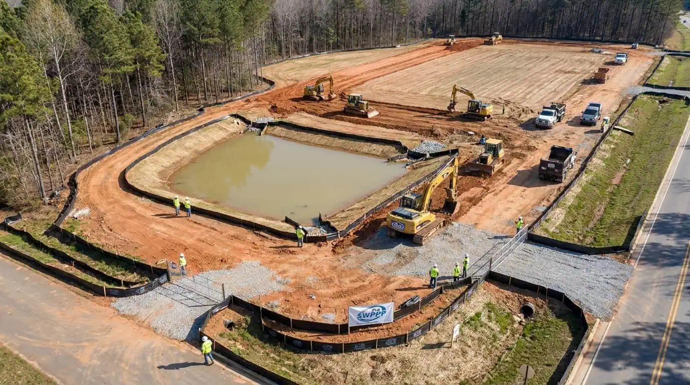 Aerial view of a Wake County construction site with a sediment basin and perimeter controls in place