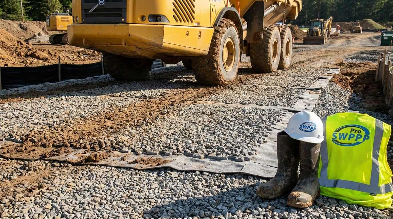 Close-up of a stabilized construction entrance with stone pad and tracking control at a Raleigh site