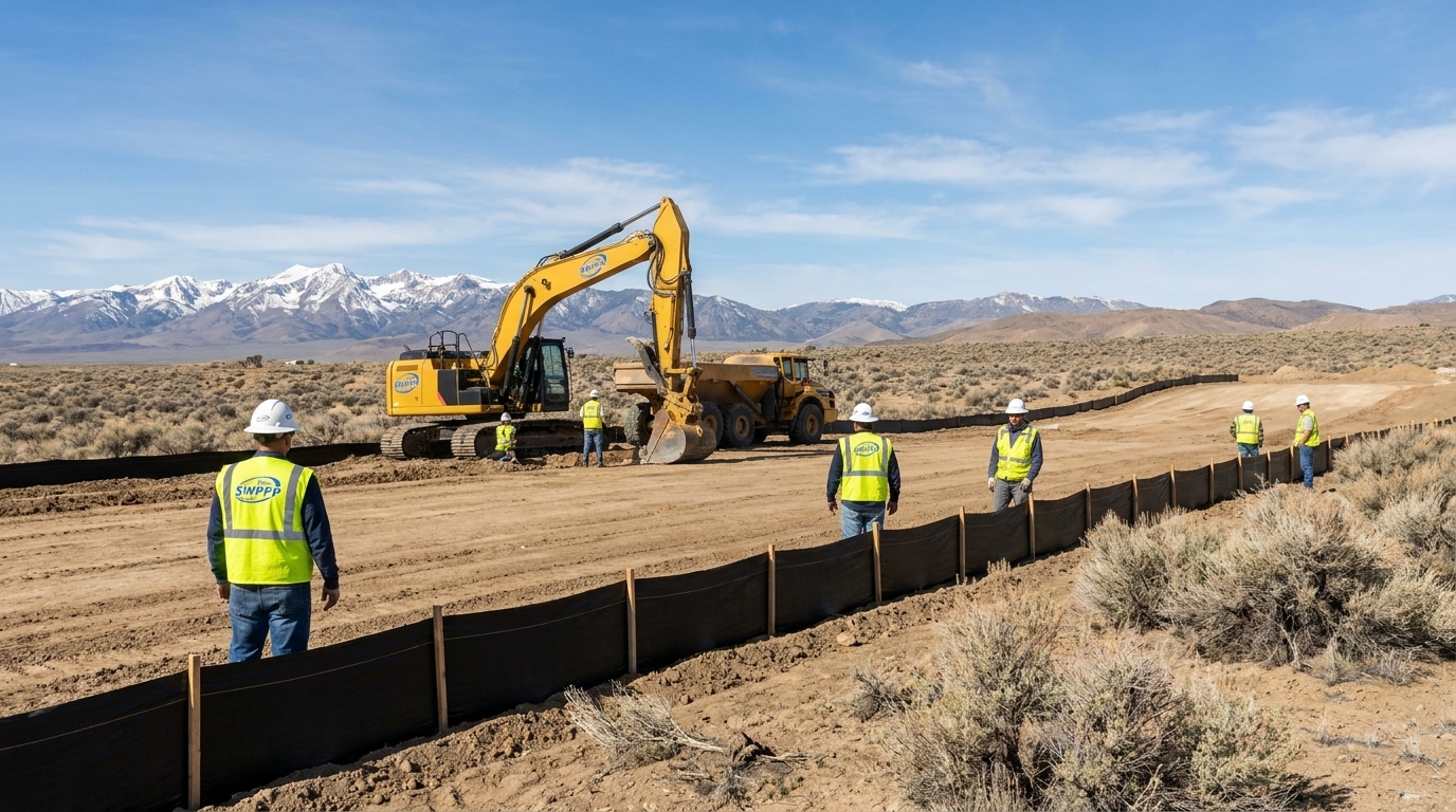 Construction site in Reno with silt fences and desert background