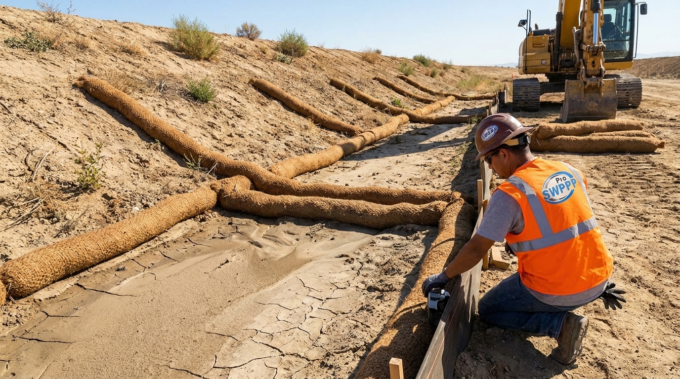 Close-up of erosion control BMPs like fiber rolls and sediment basin in arid conditions