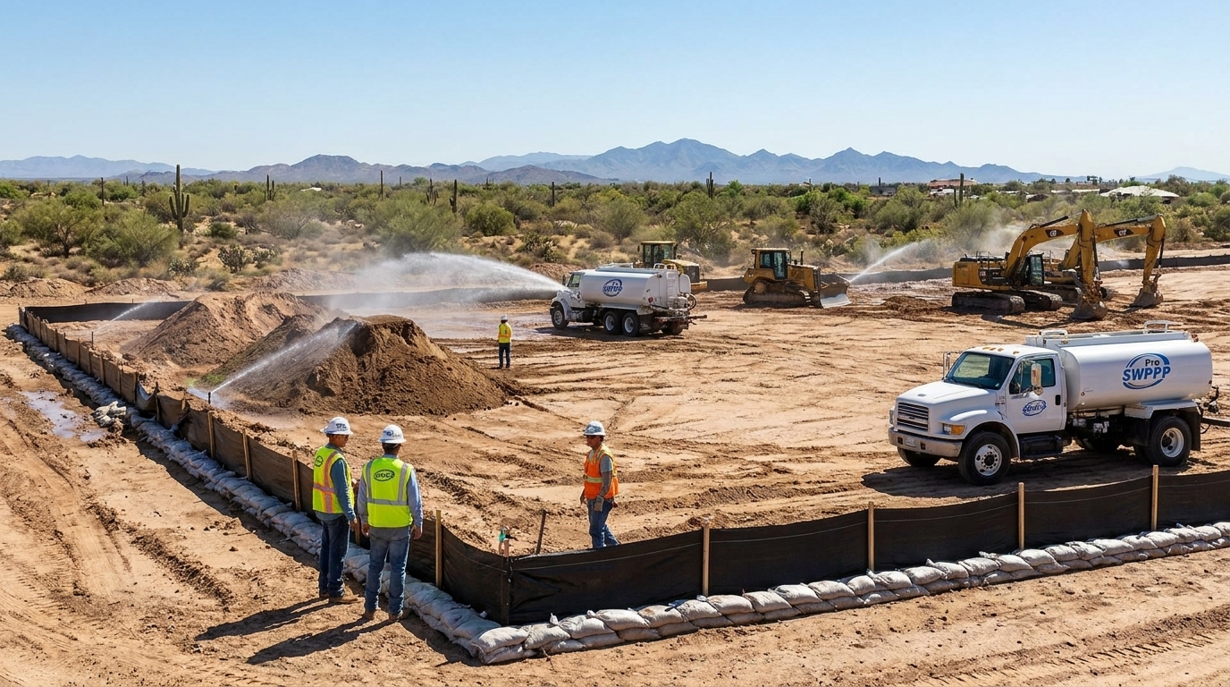 Wide shot of construction site with dust suppression and perimeter controls in high-desert terrain