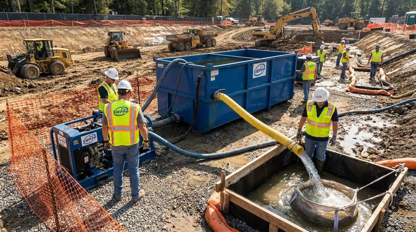 Excavation site showing dewatering setup with settlement tank and discharge hose
