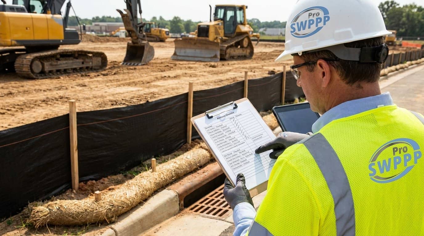 Close-up of construction site inspection checklist and BMP documentation