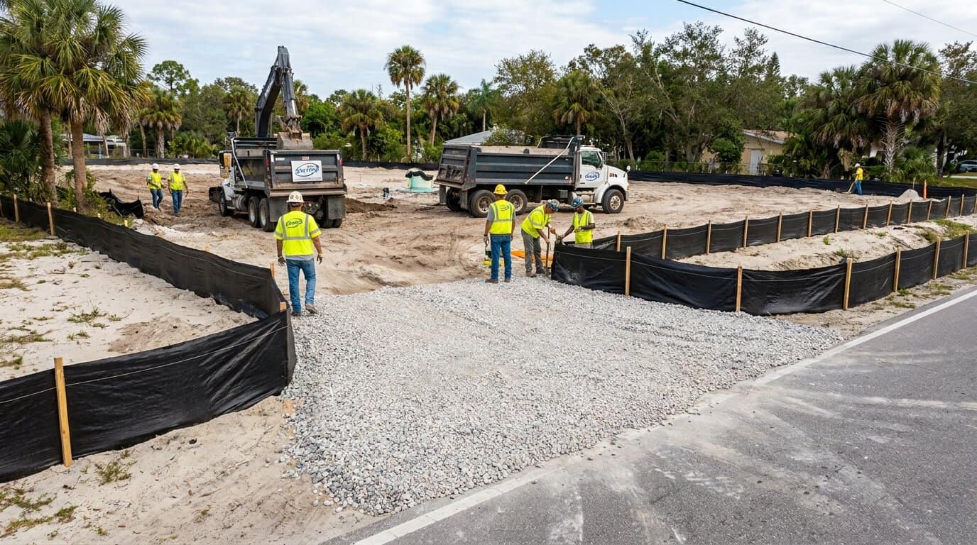 Wide-angle photo of Tampa construction site with perimeter silt fencing and stabilized entrance