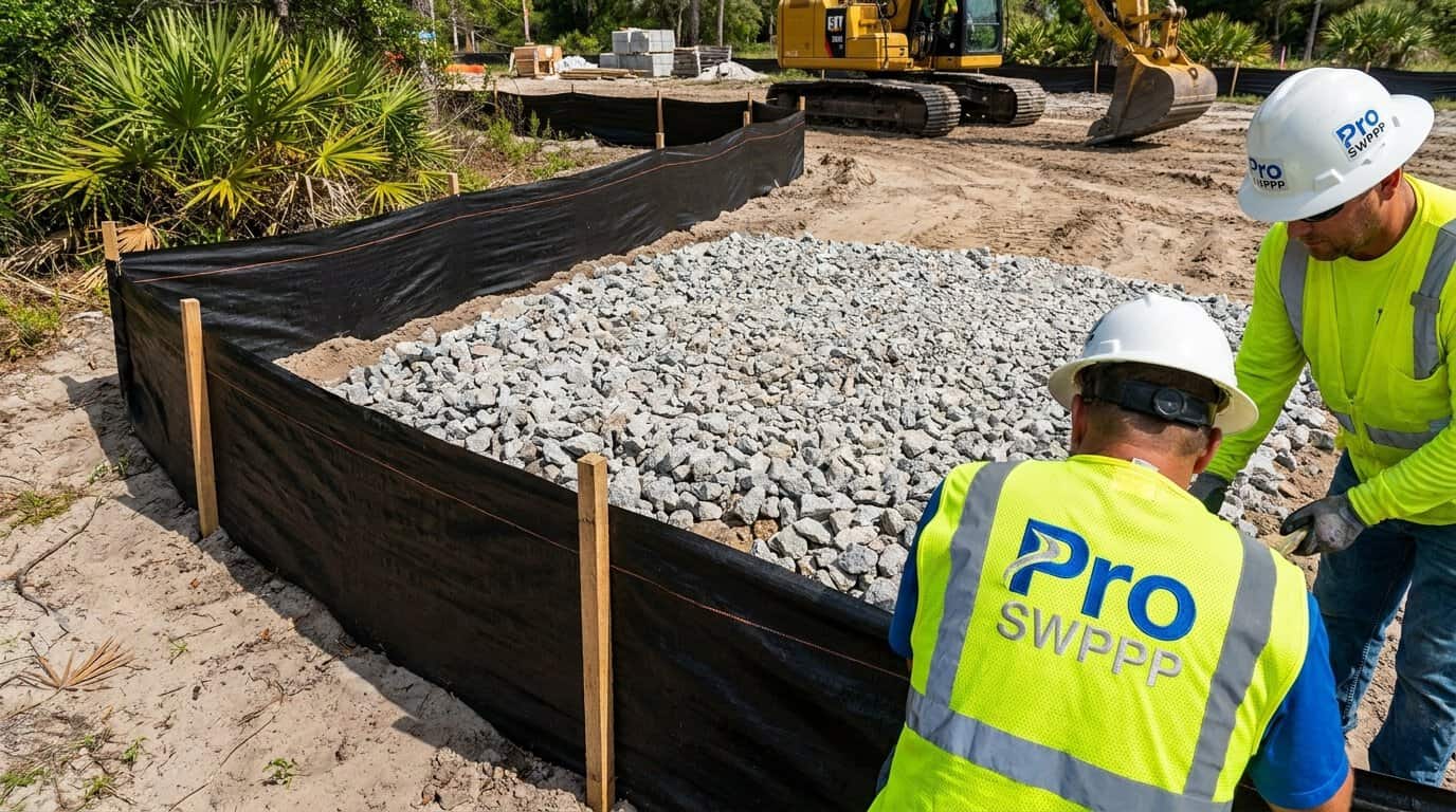Close-up photo of sediment barrier and rock construction entrance at Hillsborough County site