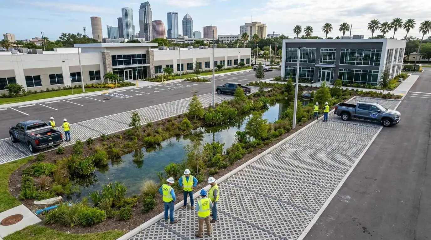 Aerial view of completed Tampa development showing bioretention areas and permeable pavement
