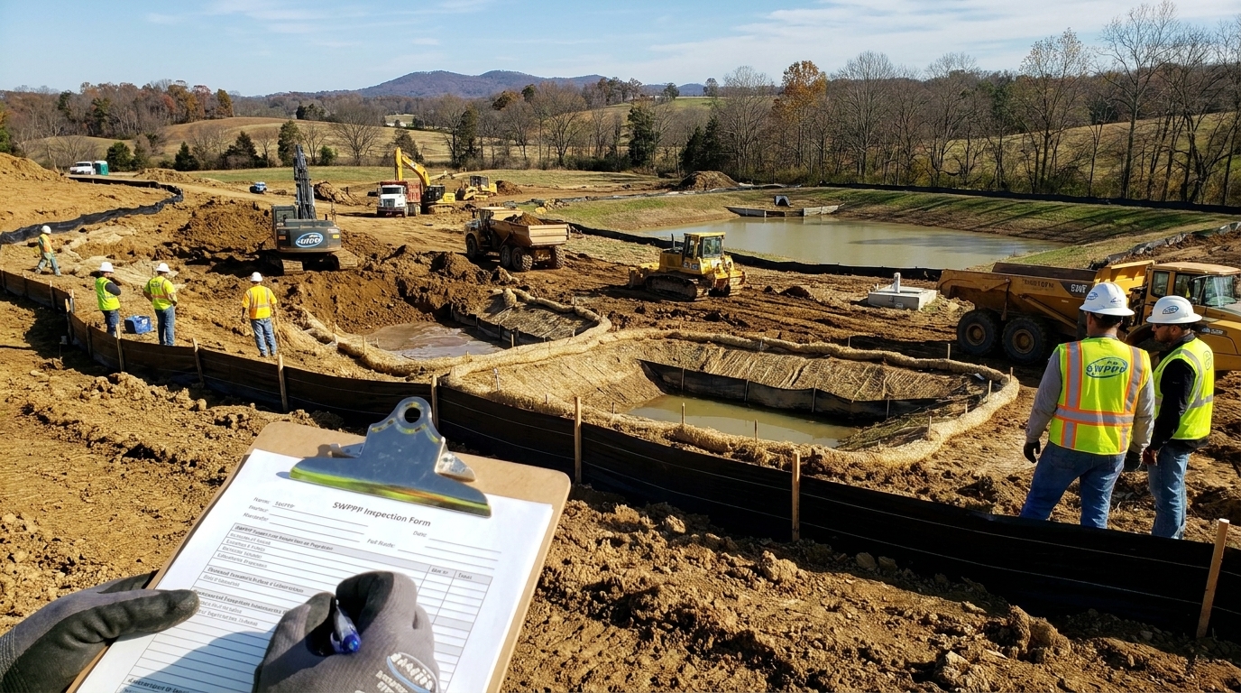 Construction site in Tennessee with erosion control measures and inspection clipboard