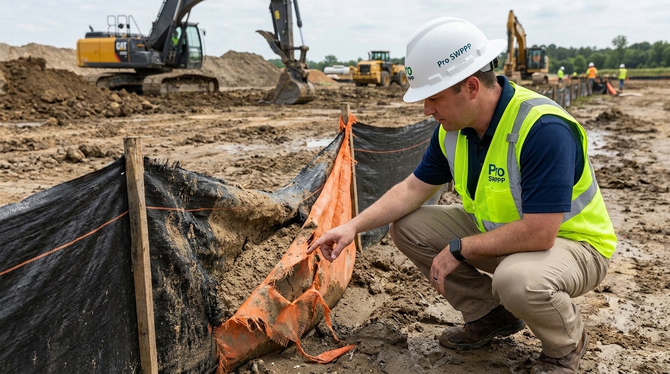 Inspector examining silt fence and sediment barrier on active construction site
