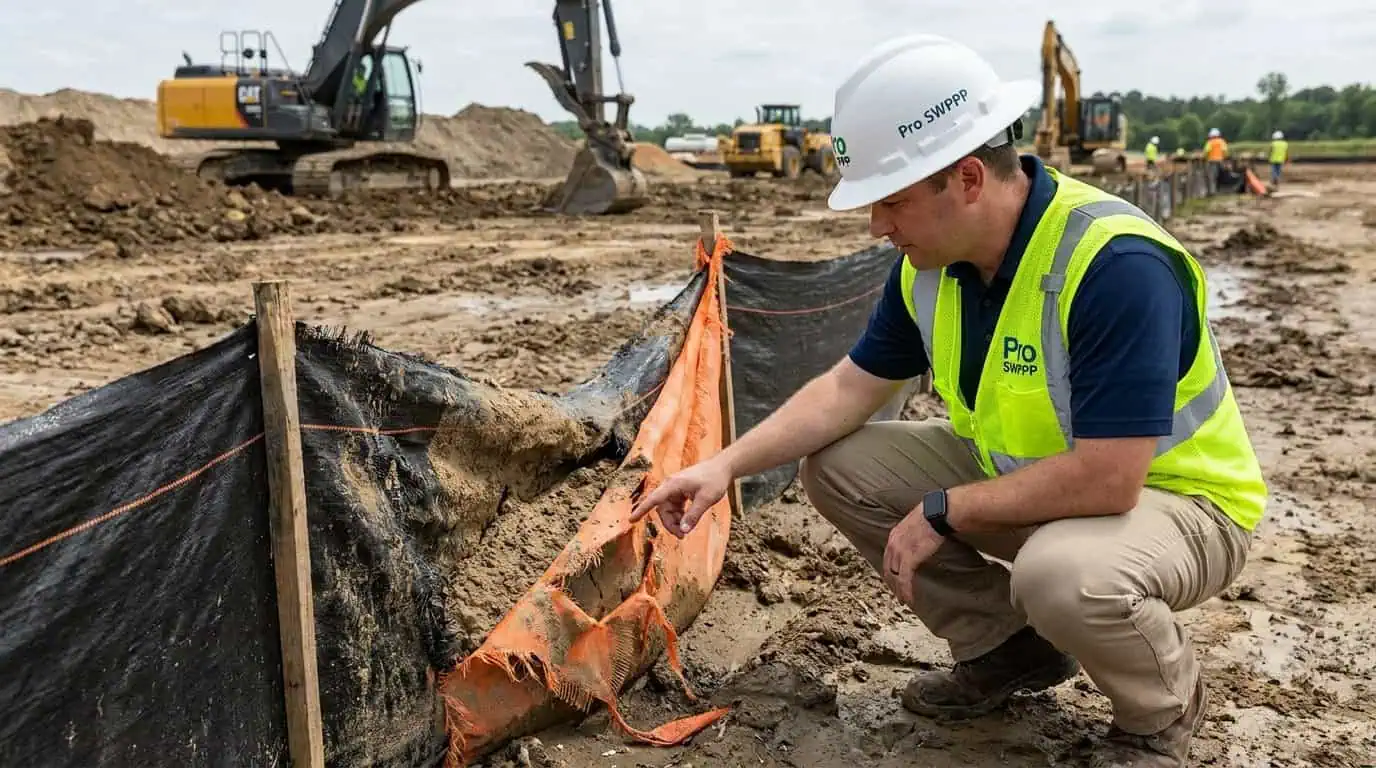 Inspector examining silt fence and sediment barrier on active construction site