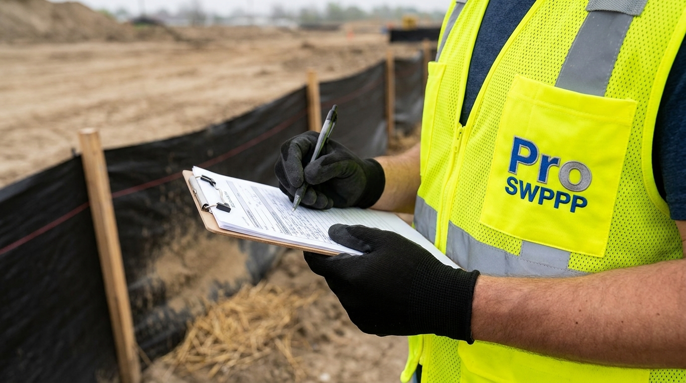 Close-up of erosion control BMP inspection with notes on clipboard