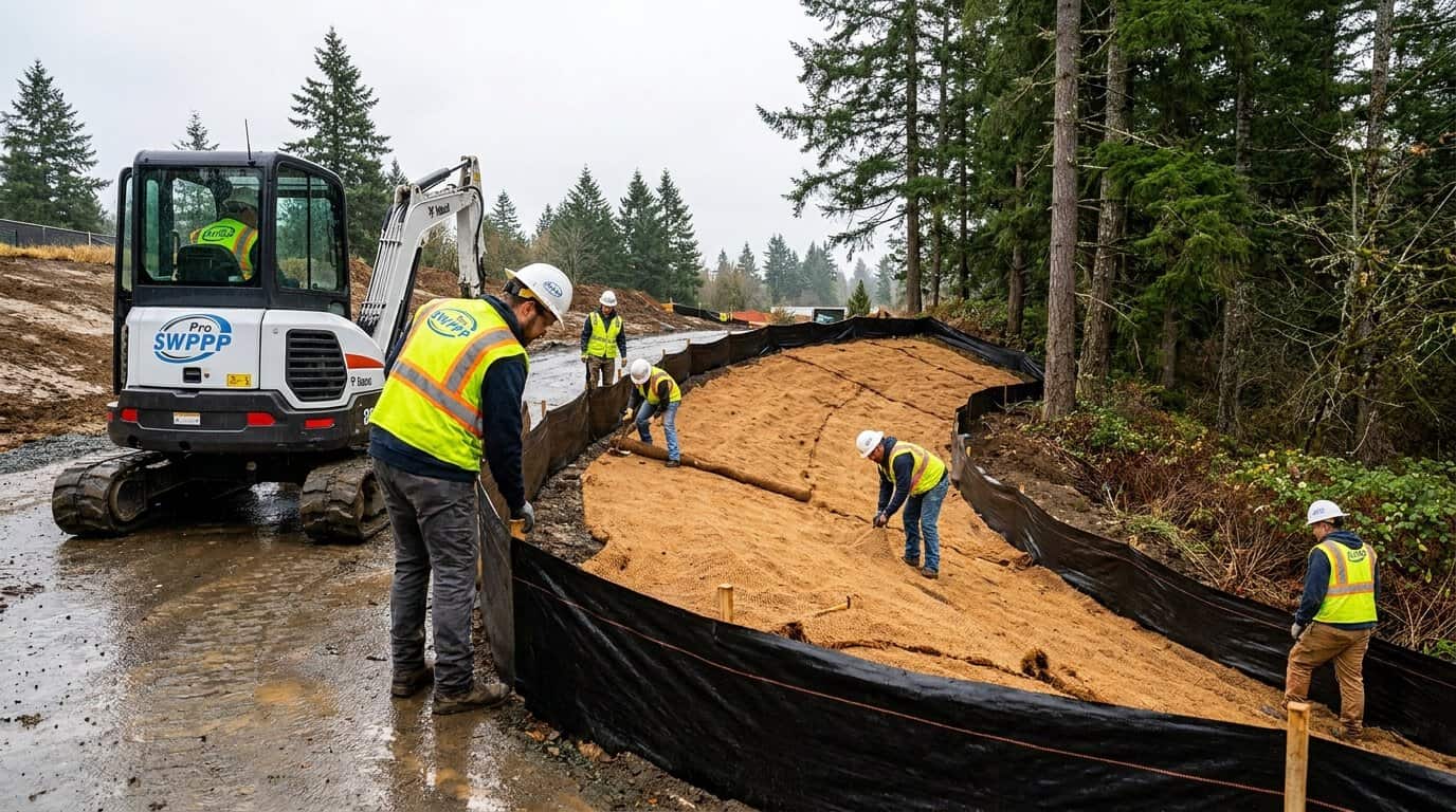 Construction site in Washington State showing erosion control blankets and silt fencing