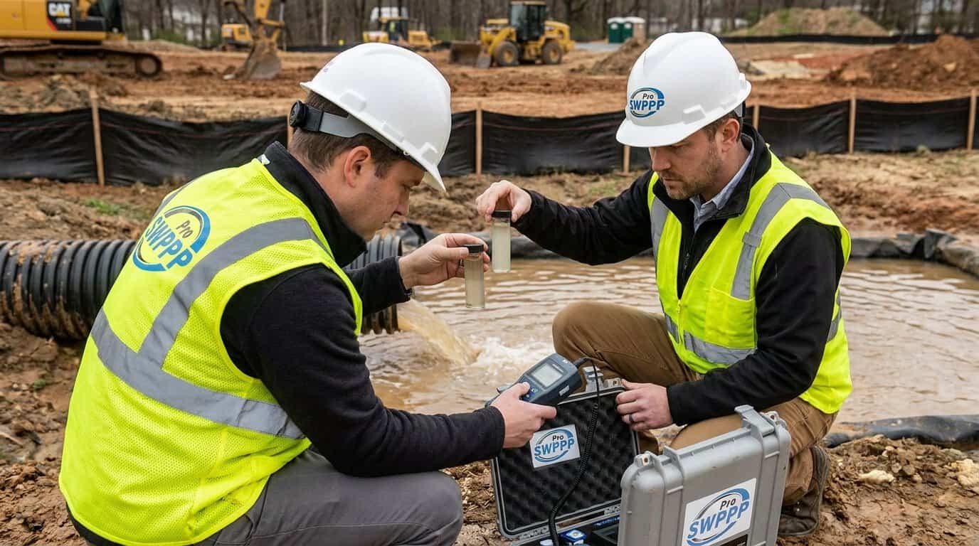 Certified inspector performing turbidity testing at a construction site stormwater discharge point
