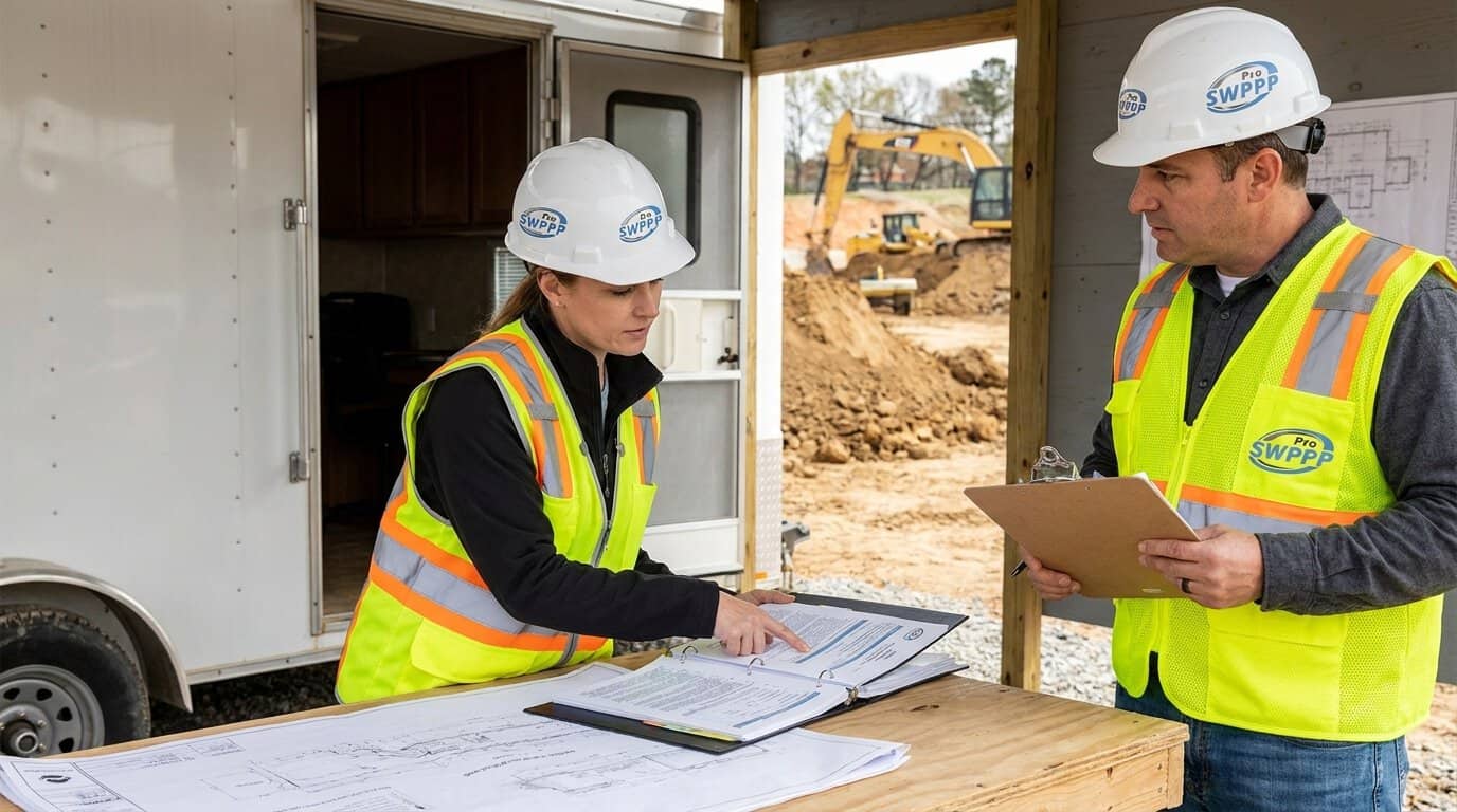Inspector reviewing SWPPP documents with construction foreman at job site trailer