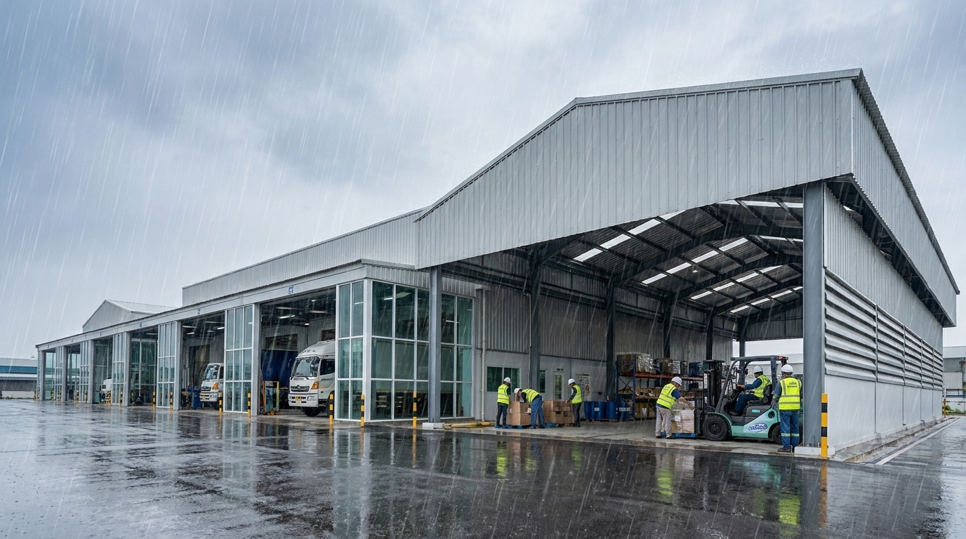 Wide shot of a modern industrial warehouse with fully enclosed loading bays and covered material storage, rain visible outside but no exposed barrels or equipment