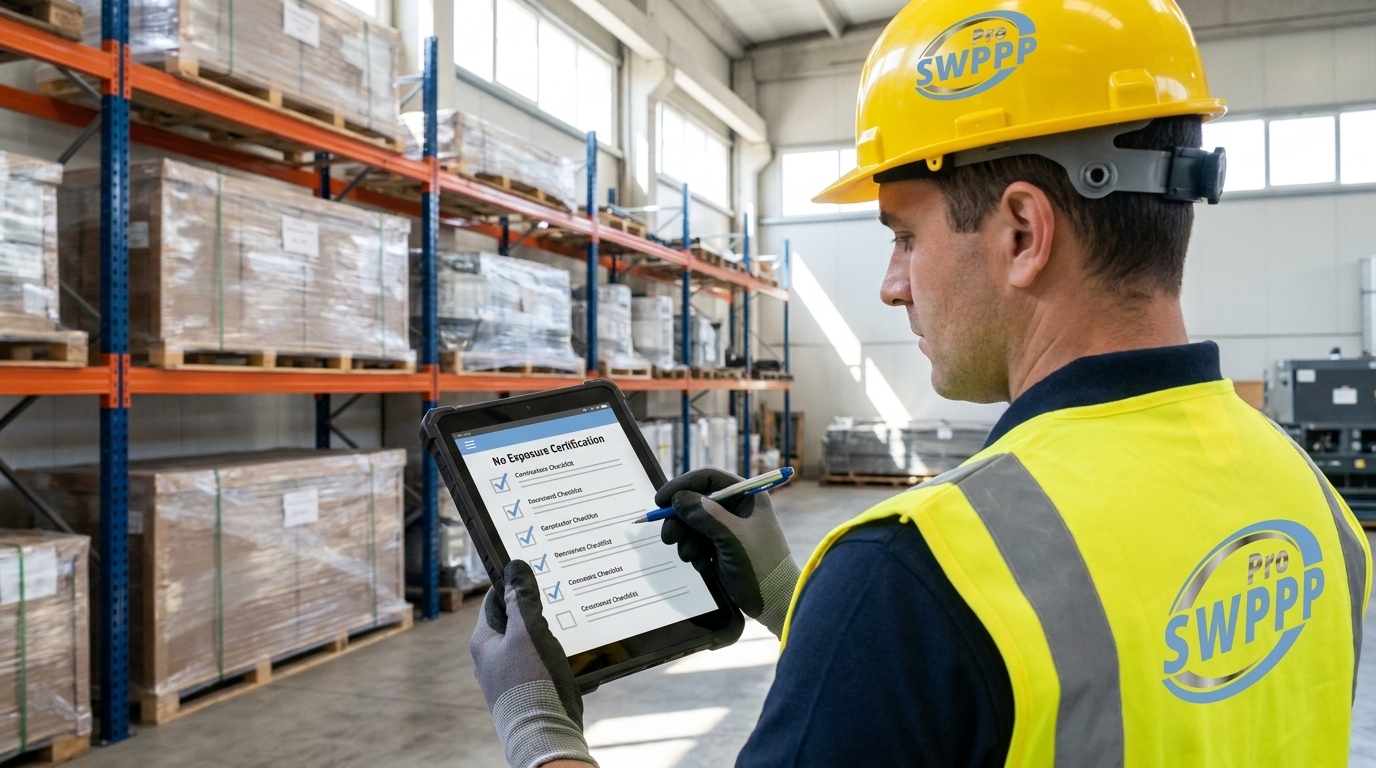 Close-up of a contractor reviewing a No Exposure Certification checklist on a tablet inside a well-lit industrial facility with racked materials in the background