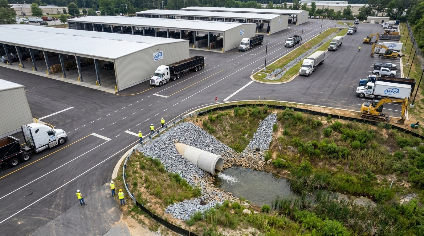 Overhead view of a large industrial site with clearly separated covered storage buildings, paved truck lanes, and a visible stormwater outfall with no industrial materials nearby
