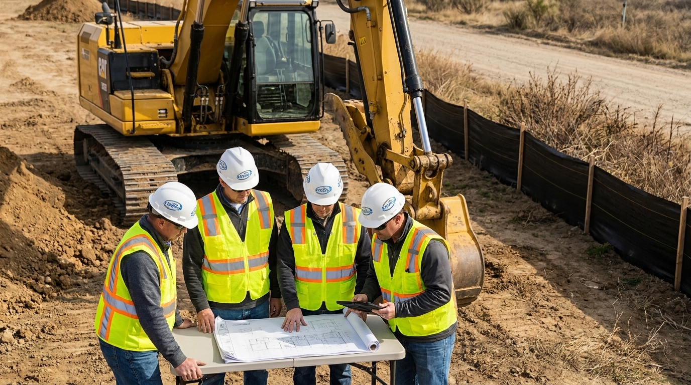 Image: Construction site crew reviewing paperwork near excavation equipment with silt fence in background